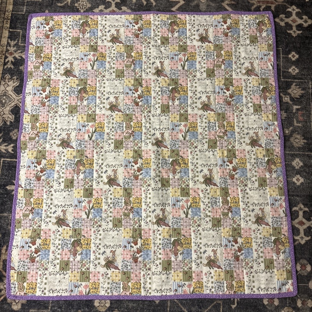 GARDEN BUNNY Patchwork Baby Girl Quilt Blanket Handmade 40" X 44"